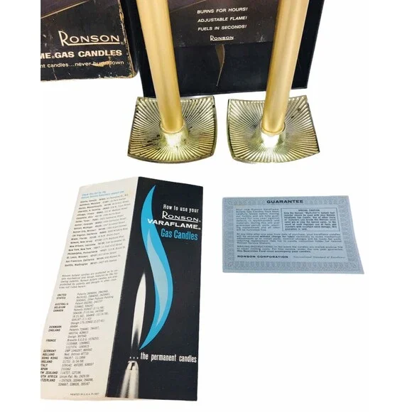 Vintage MCM Ronson Veraflames Gold Gas Candles with Stands in Original Box - Picture 9 of 9